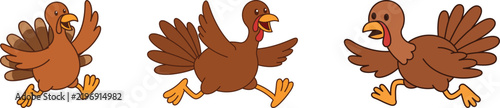 Three plain brown cartoon turkey characters jogging with spread wings, minimal vector illustration on transparent background, thanksgiving celebration, fun run event, kids coloring page design