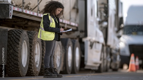 Female truck driver wearing a high visibility vest inspecting a large semi truck at a depot