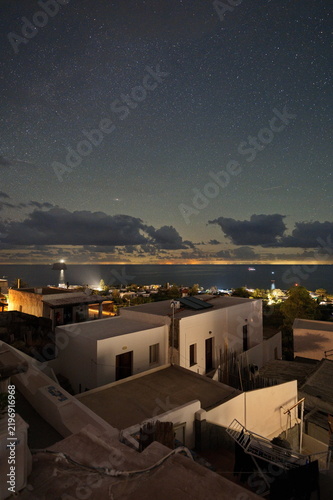 Starry Night Sky Over the Village and Sea in Stromboli, Italy