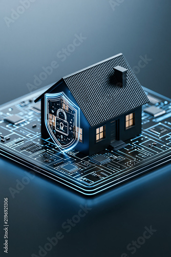 cybersecurity protection for smart home devices, glowing shield around connected house, premium 3D render