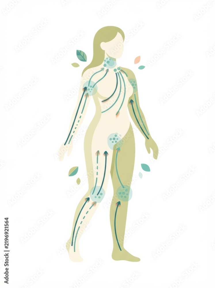 Fototapeta premium Illustration shows a human figure with lines and arrows indicating detox pathways. It highlights body wellness and skincare practices for health.