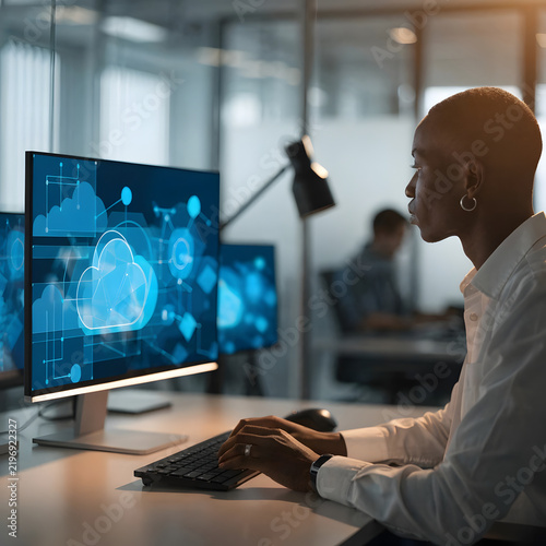 Black female IT professional working on cloud computing network analysis at desktop computer in modern office