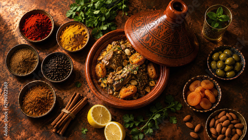Moroccan tagine spice dark flatlay overhead terracotta tagine paprika turmeric ras el hanout apricot copper authentic cuisine food