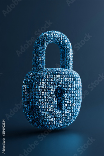 abstract cyber lock formed from binary data particles, dark technology background, 3D render
