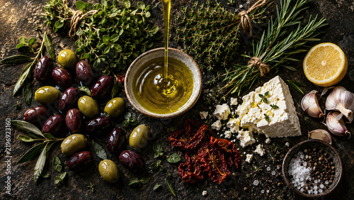 Greek olive oil herb dark flatlay overhead kalamata olives feta oregano thyme rosemary Mediterranean authentic cuisine food photo