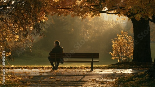 Solitary Figure on Park Bench Amidst Autumnal Golden Hour Light.