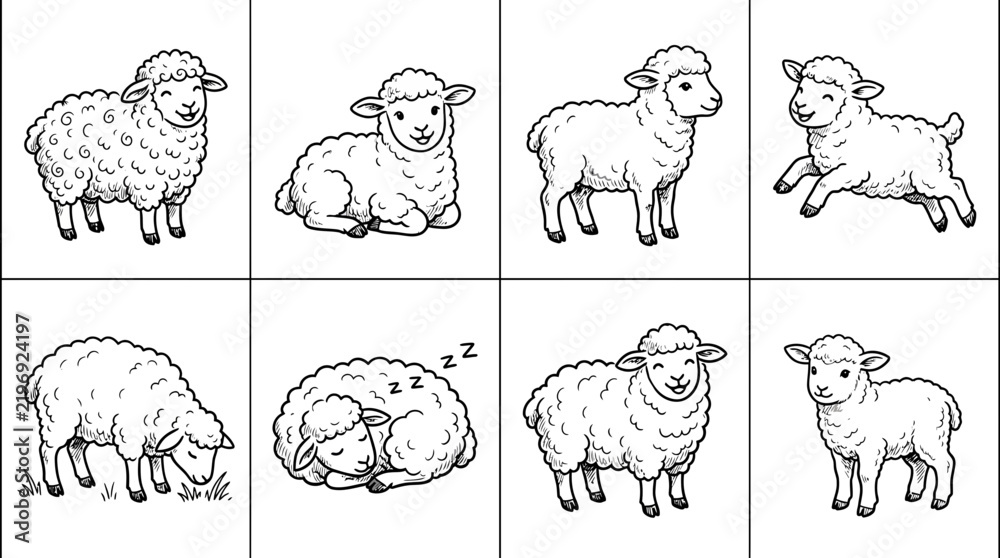 Obraz premium Cute sheep and lamb line art collection for kids coloring pages and animal illustrations set