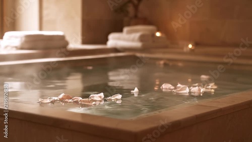 Luxury hydrotherapy bath with rose petals in tranquil wellness spa