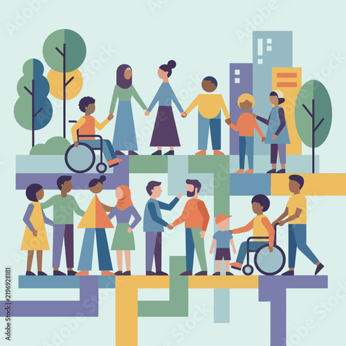 Diverse group of people standing together in unity and social inclusion illustration