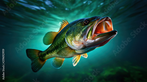 Largemouth Bass Swimming Underwater with Open Mouth Created with Generative AI Technology AI Generative