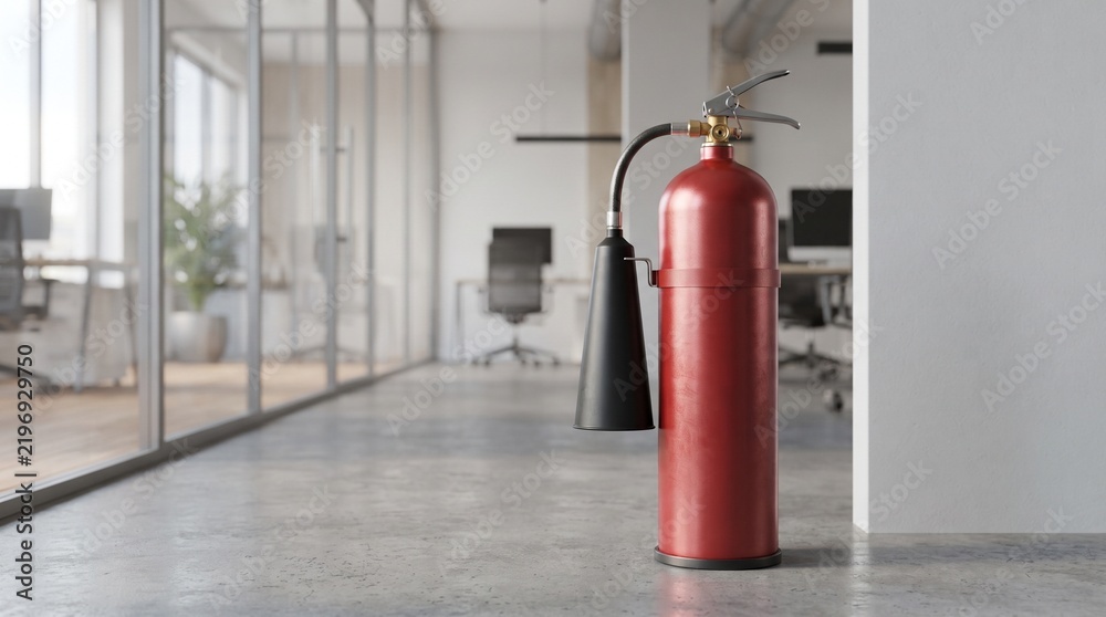 Obraz premium A red fire extinguisher stands in a modern office hallway.