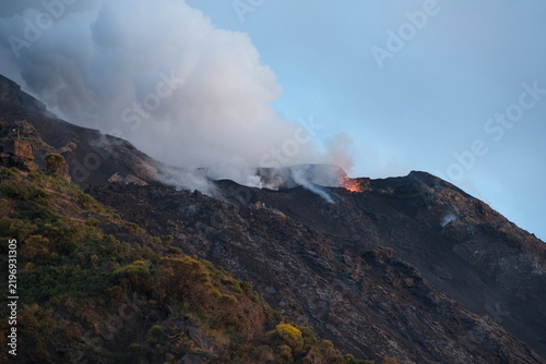 Volcanic Eruption and Glowing Lava from Mount Stromboli in Italy