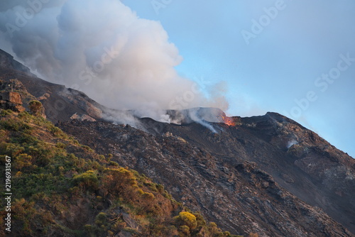 Volcanic Eruption and Glowing Lava from Mount Stromboli in Italy