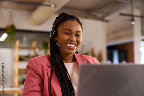Customer care black woman working in call center