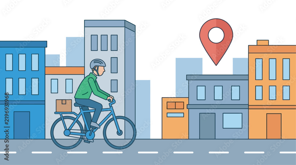 Obraz premium Delivery courier riding bicycle through city street with map location pin bike delivery food delivery courier service delivery package delivery man delivery logistics map marker city life