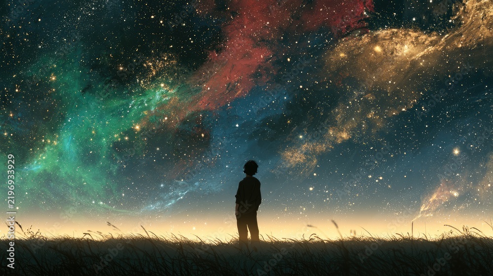 Fototapeta premium Silhouette of a child gazing at a vibrant, colorful nebula in the night sky.