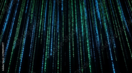 IA generated green digital binary matrix code falling vertically on a dark background.   