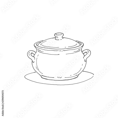 Cozy ceramic soup tureen line art drawing for home cooking blogs recipe books kitchenware branding and warm winter dining menu designs.