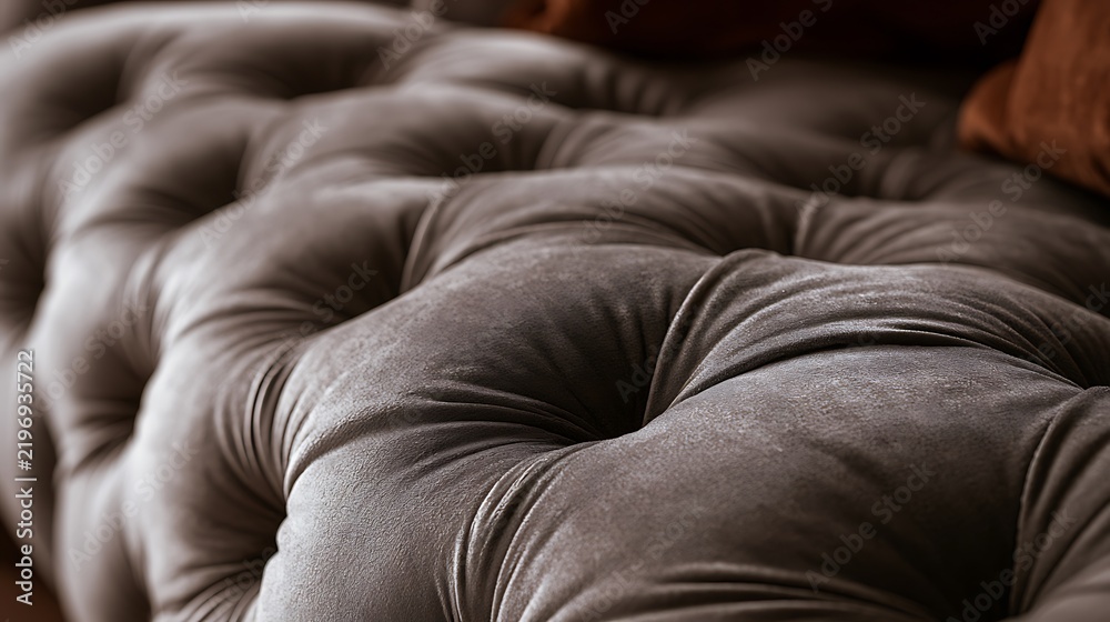 Naklejka premium Close up of luxurious tufted dark grey velvet sofa upholstery texture.
