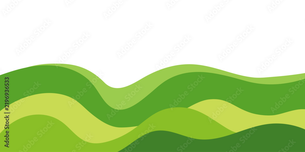 Obraz premium Wavy green field pattern with organic farm landscape. Abstract agricultural background tea plantations, rice paddy, and mountain view in modern flat design style.