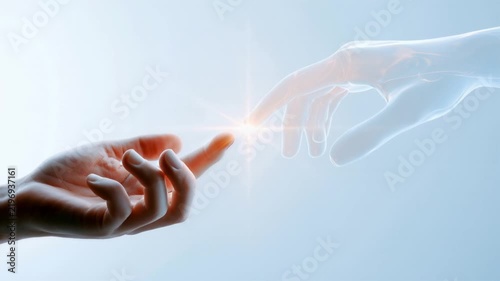 Human hand reaching toward translucent digital hand on blue background and touching with a light spark, concept for connection with the digital self
