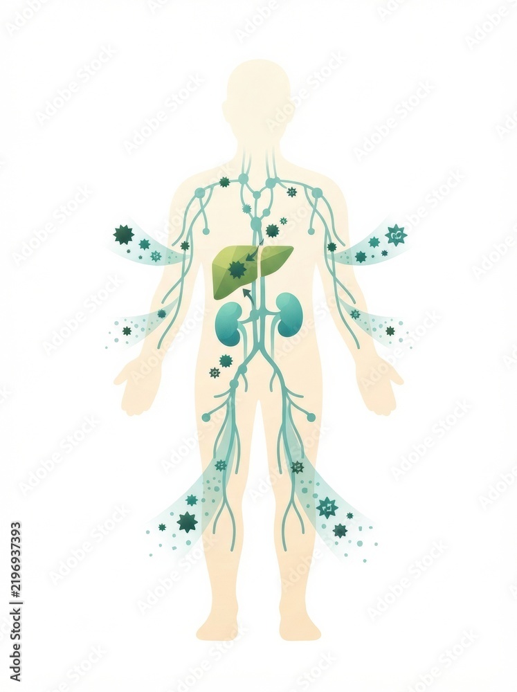 Obraz premium A body outline illustrates the detox process showing organs and pathways involved in toxin removal. Focus on health and wellness practices.