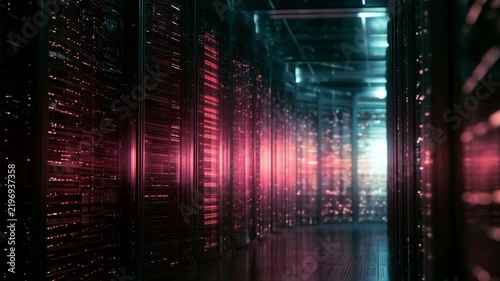 Rows of data center servers glowing with red warning lights in a dark server room, concept for server overload
