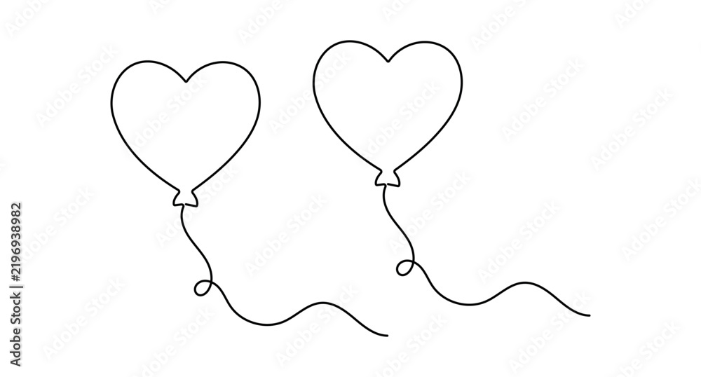 Fototapeta premium Heart balloons line art showing two floating heart-shaped balloons in single line drawing. Vector illustration with editable stroke.