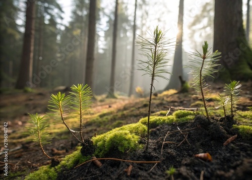 young pine seedlings growing in forest soil at sunrise