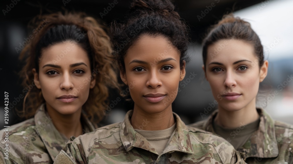Obraz premium portrait of three women soldiers in military uniform, war and army concept