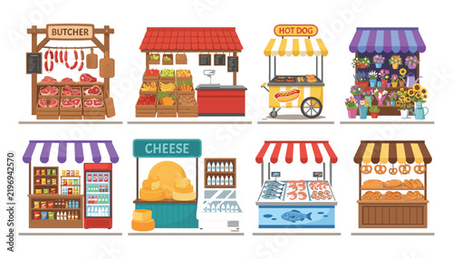 Obraz na płótnie Market stalls vector illustration set featuring butcher shop fruit stand hot dog