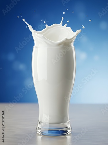 Milk splash in glass against blue background
