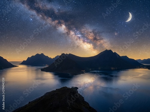milky way night over mountain fjord at night with crescent moon reflections
