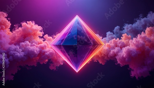 Neon diamond glow in pink clouds, abstract geometric 3D art