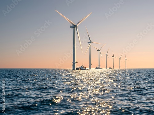 Offshore wind turbines at sunset over the sea