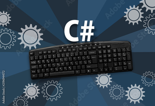 C# programming language. Word c sharp and pc keyboard.
