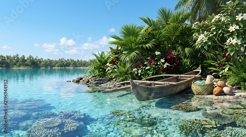 Tropical lagoon with clear turquoise water and wooden boats