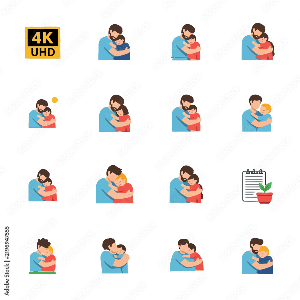 Fototapeta premium Father and Son Hugging Vector Icons Set, Love and Family Bond
