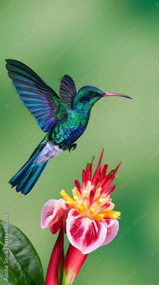 Obraz premium Hummingbird hovering near blooming tropical flower macro photo