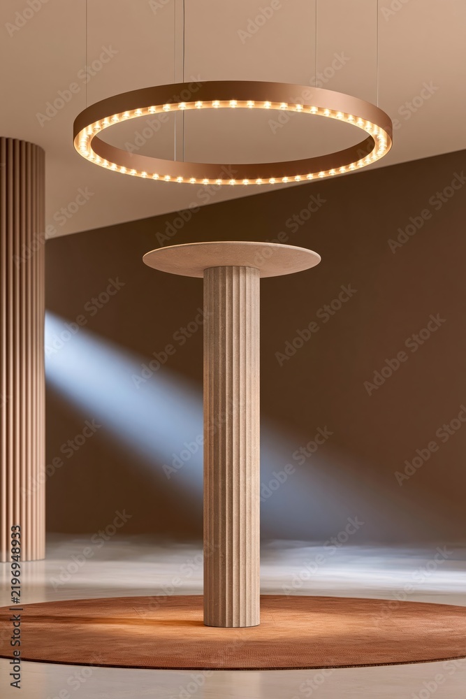 Obraz premium Modern circular pendant light with warm led glow above textured column on round rug in minimalist beige interior with soft spotlight