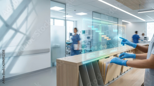 Futuristic AI workplace automation improves laboratory document management with digital data visualization and collaborative staff using secure records