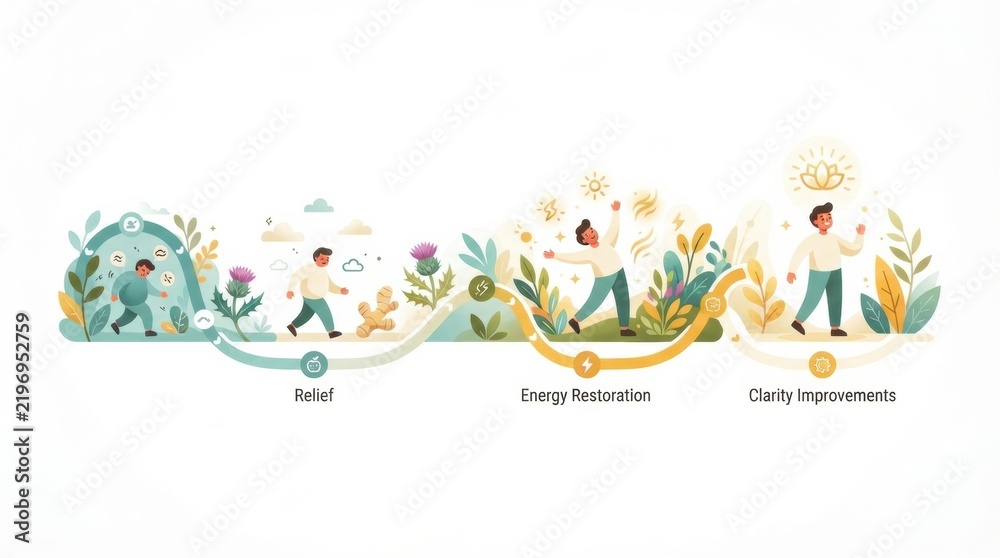 Fototapeta premium Graphic shows a journey timeline for a detox cleanse. It highlights relief, energy restoration, and clarity improvements in body wellness.