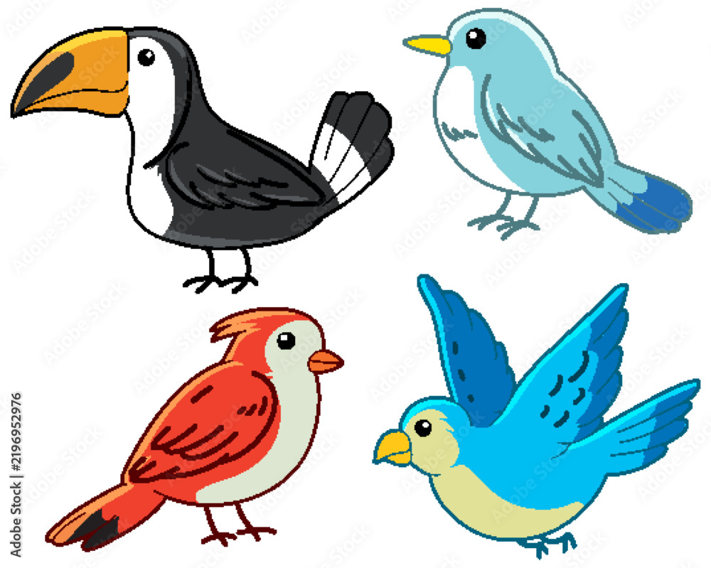 Obraz premium Cute Cartoon Bird Doodles Vector Illustration Set