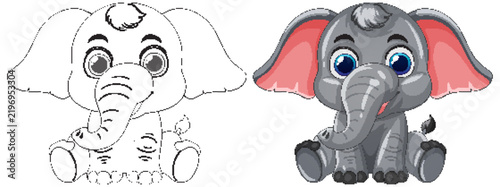 Cute Baby Elephant Vector Illustration in Color and Line Art