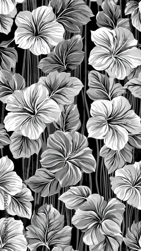 Black and white floral pattern background with large hibiscus and leaves for wallpaper and textile design