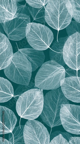 Transparent veined leaf seamless pattern in teal and white for botanical background and wallpaper design