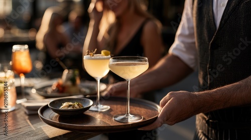 Waiter serving two light cocktails on a wooden tray at a quiet outdoor terrace for restaurant menu background and hospitality design