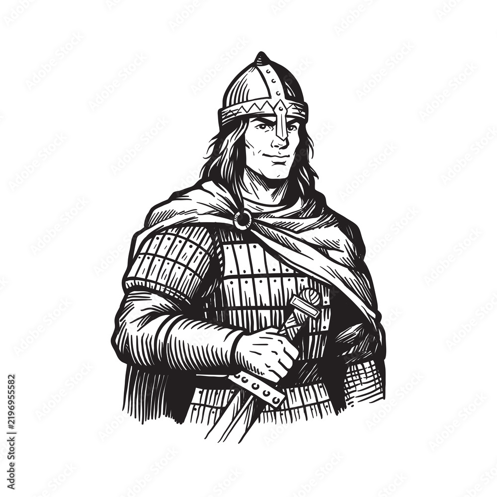 Obraz premium Slavic Warrior Bogatyr from Fairy Tales and Legends Line Art Illustration