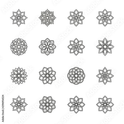 Set of 16 Geometric Floral Mandala Designs, Hand Drawn Line Art Elements