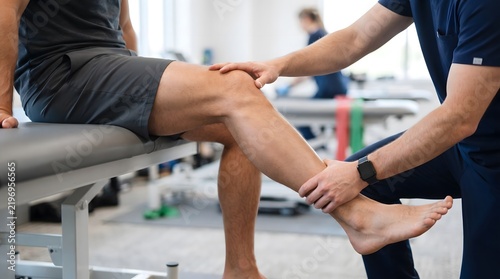 A physical therapist examines and stretches the knee and leg of a person sitting on an examination table in a clinic.